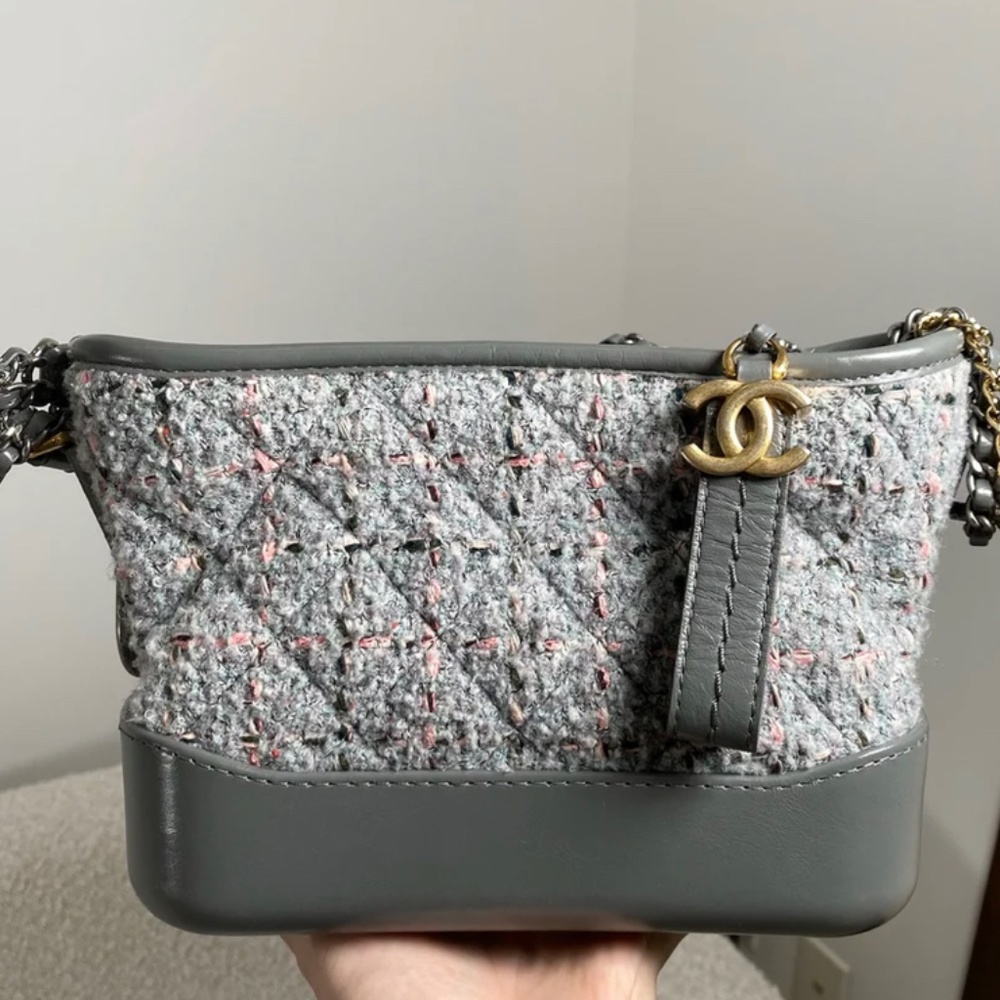 Authentic Pre-Owned CHANEL Tweed Calfskin Quilted Small Gabrielle Hobo Grey